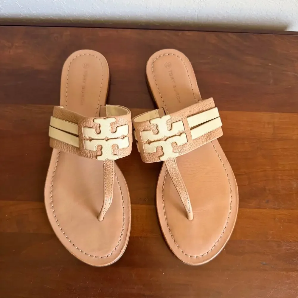 Tory Burch Leigh Tumbled Leather Cream Tan Thong Sandal Women 8.5 Summer Classic